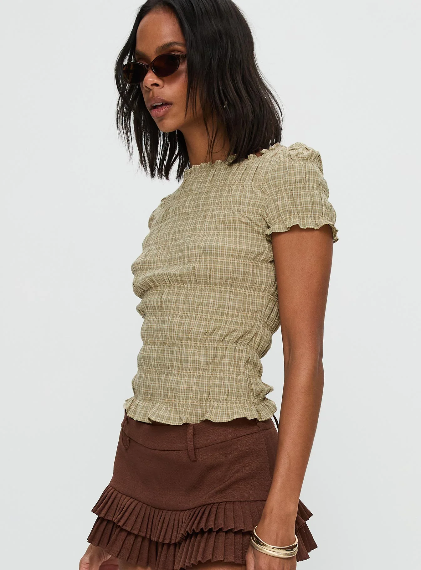 Romelle Shirred Top Green / Brown Plaid