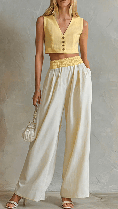 Women's Cotton‑blend V‑Neck Button‑Front Vest Elastic‑Waist Wide‑Leg Pant Set - Nordfashionstorm - Women's Clothing, Fashion for You - Nordfashionstorm.com