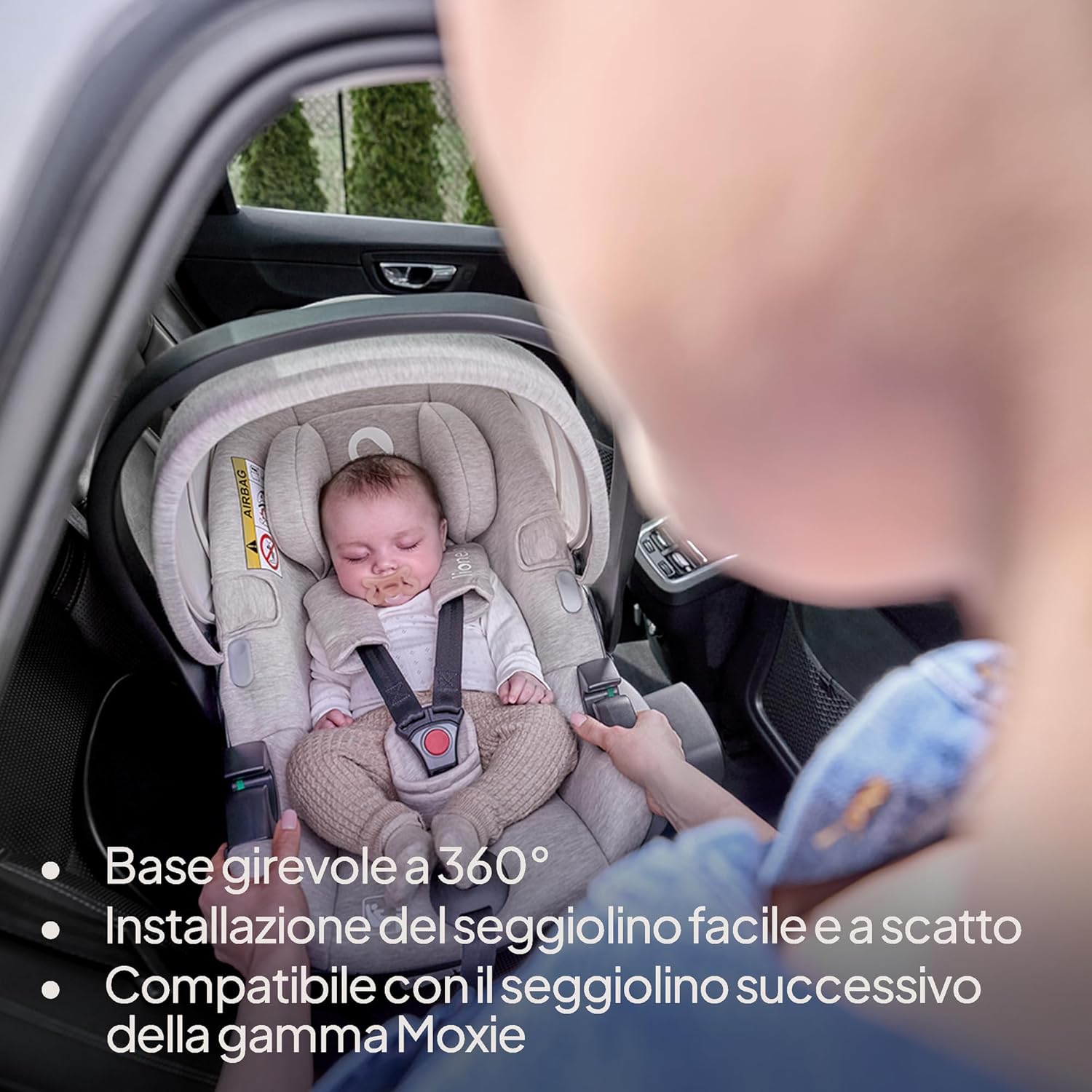 LIONELO Seggiolino Auto con Base MOXIE i-Size Ovetto SET per bambini 40-87 cm, Montaggio ISOFIX, Piede di Supporto, Protezione laterale, Regolazione poggiatesta, Riduttore Dri-Seat