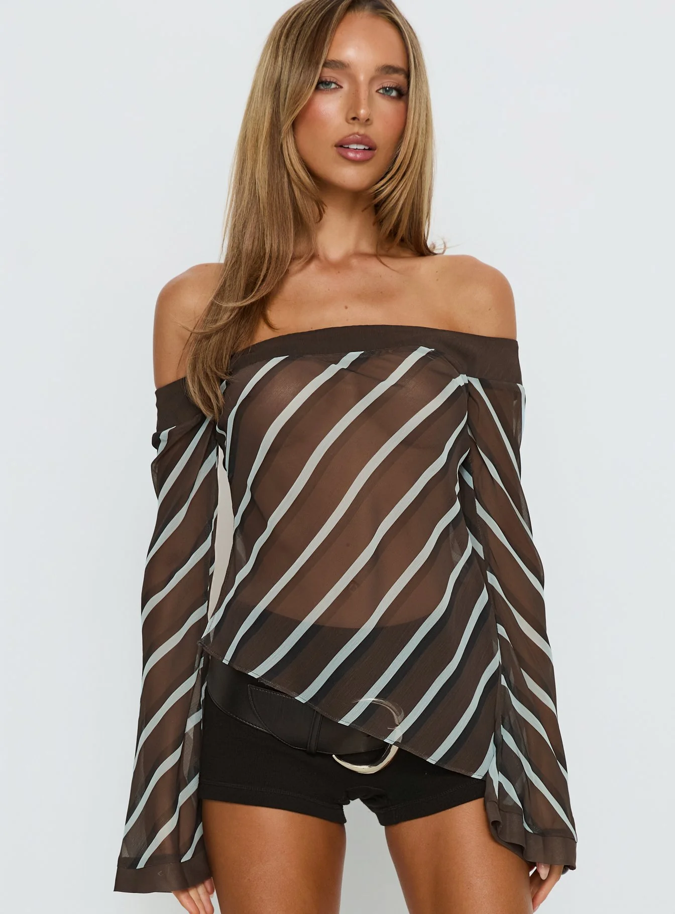 Trinkie Long Sleeve Off Shoulder Chiffon Top Navy Stripe