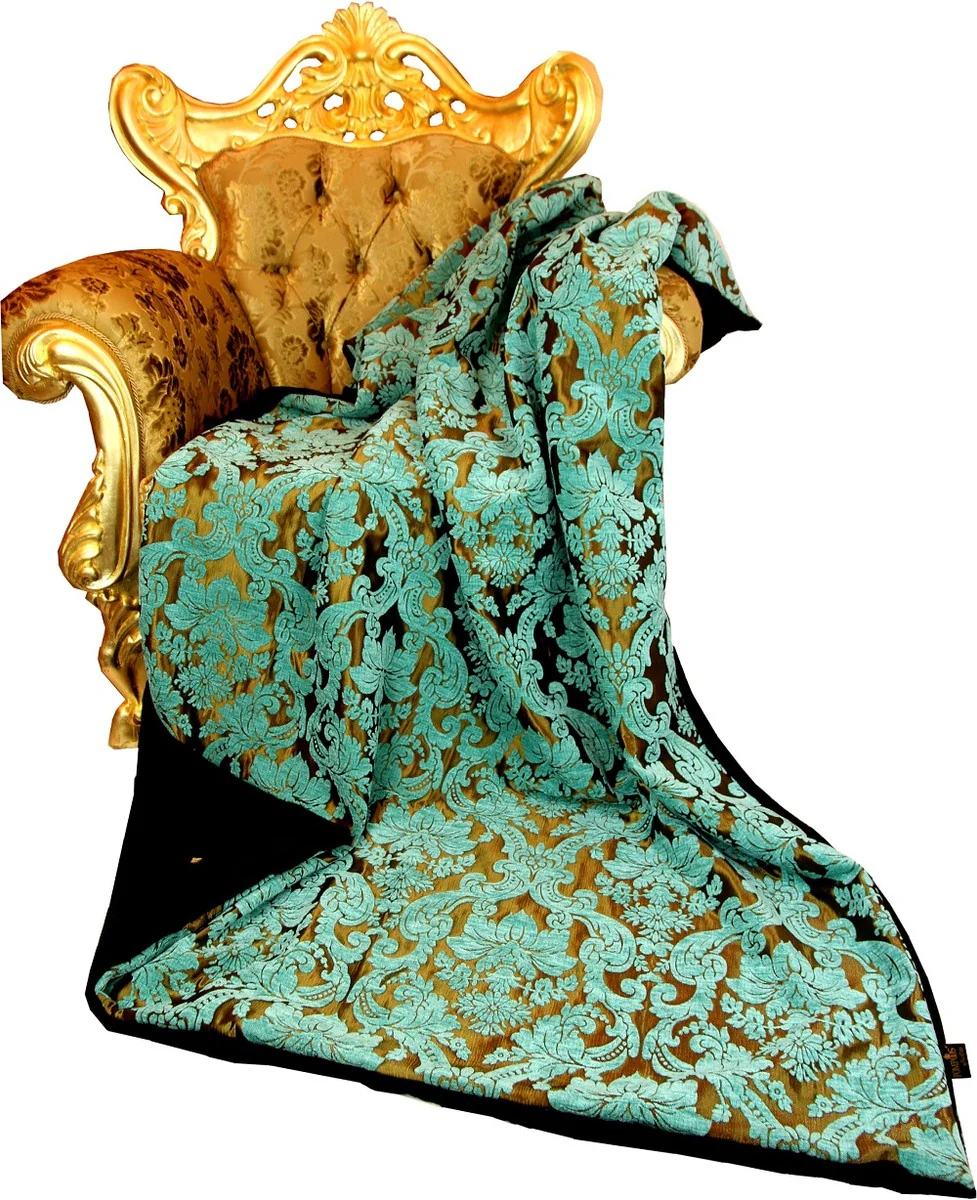 Luxury blanket Pompöös by Baroque turquoise / gold / black by Harald Glööckler with elegant bouquet pattern fabric