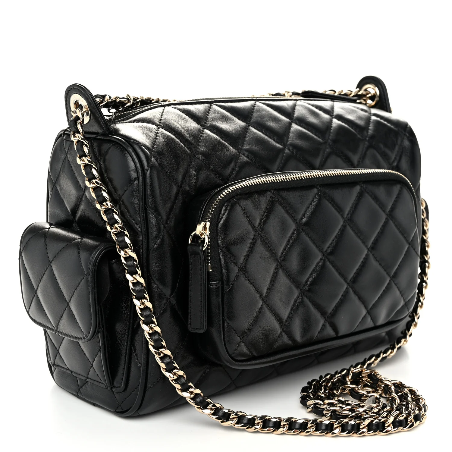 Shiny Crumpled Lambskin Quilted Medium Preppy Pocket Camera Case Black - Top Club