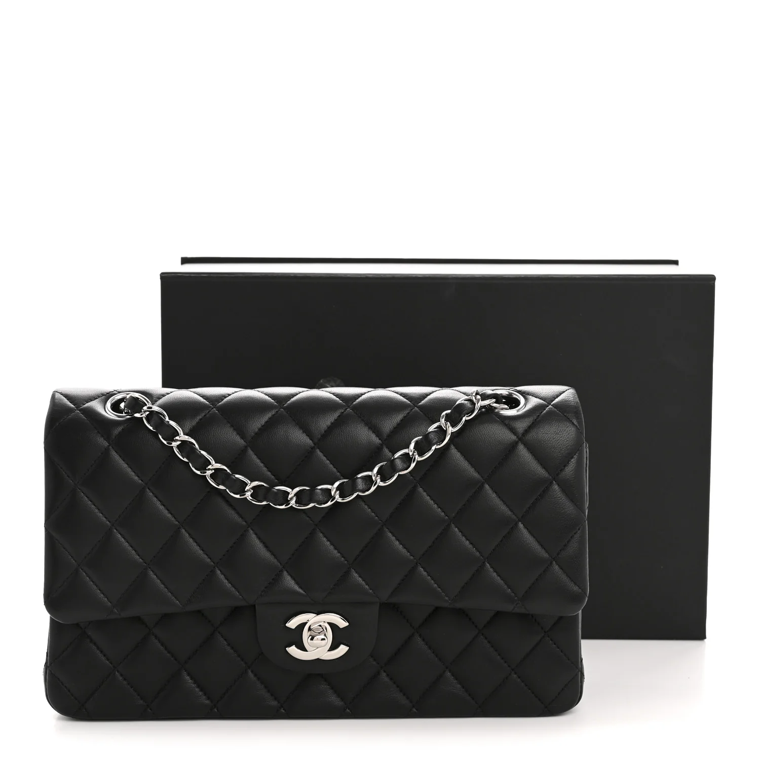 Lambskin Quilted Medium Double Flap Black - Top Club