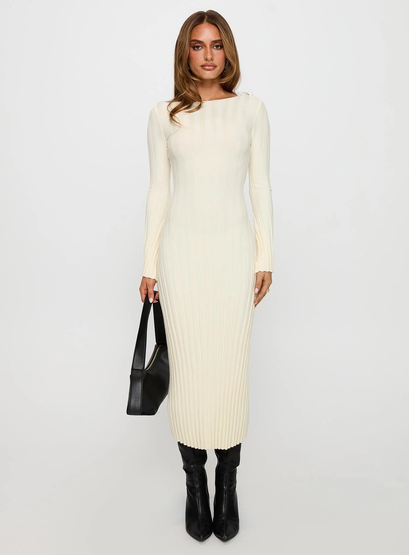Ryo Long Sleeve Rib Maxi Dress Cream