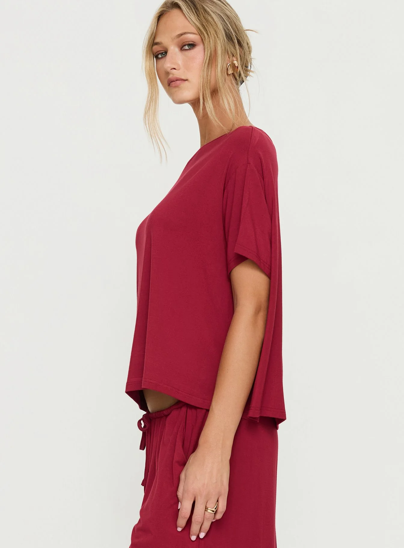 Cozy Hour Sleep Relaxed Off Shoulder Top Red