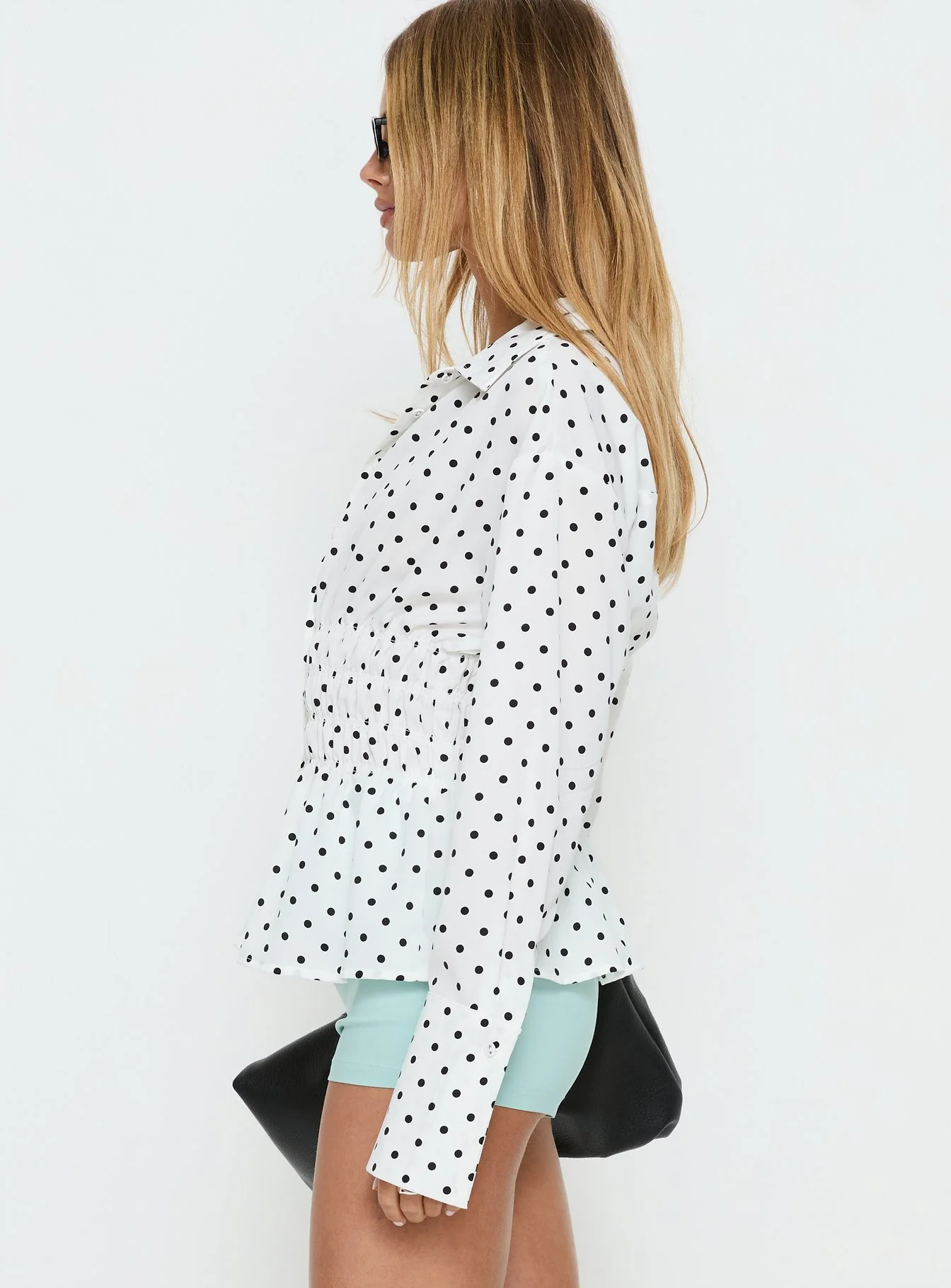 As You Are Shirred Button Up Top White Polka