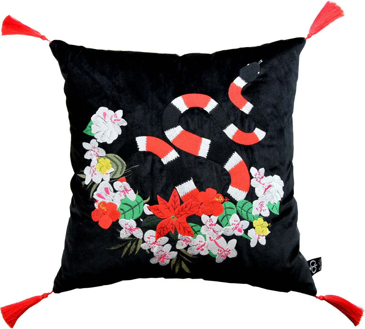 Luxury decorative cushion with tassels Snake black / multicolored 45 x 45 cm - finest velvet fabric - luxury quality