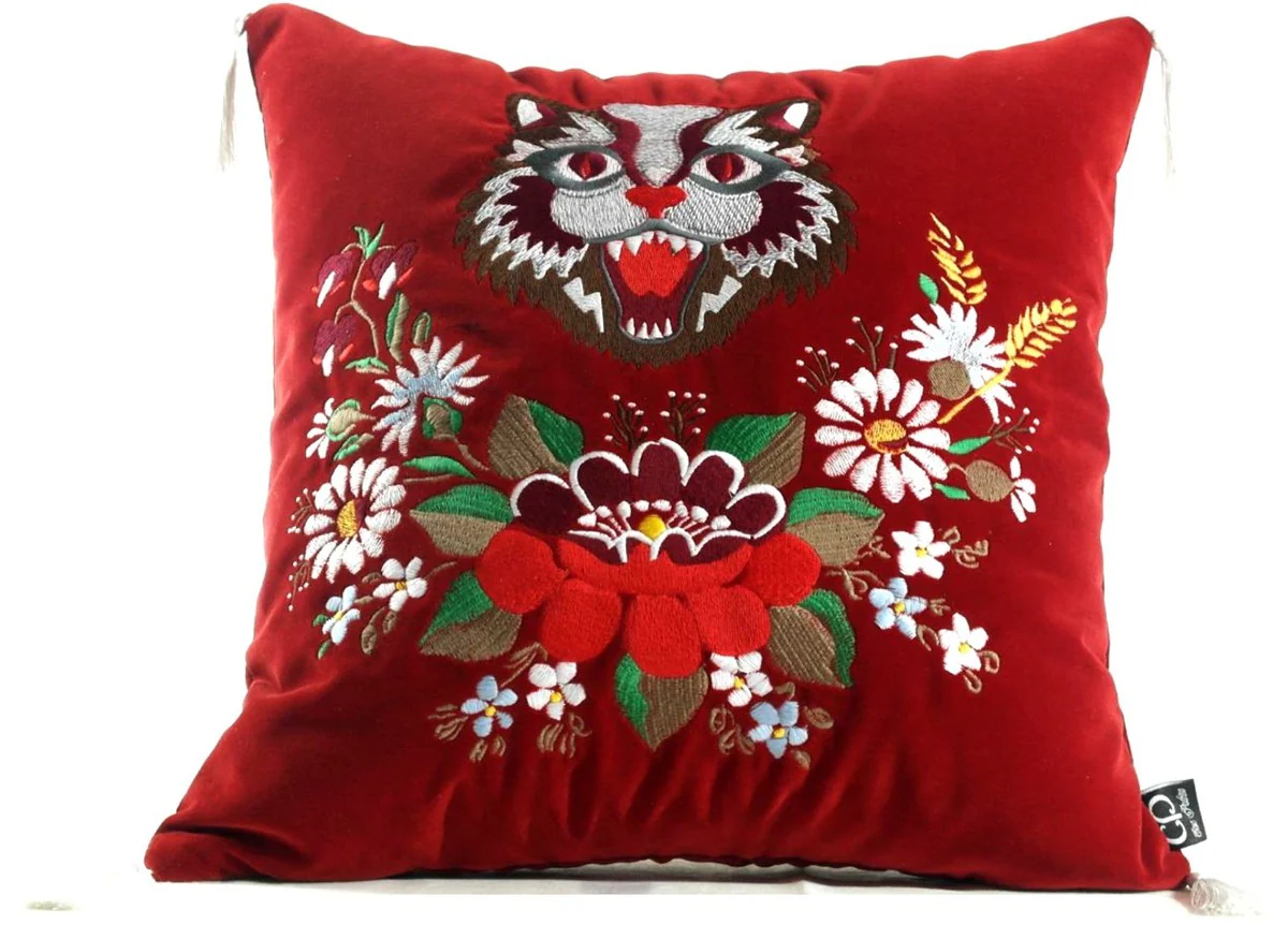Luxury decorative cushion with tassels Cat Red / Multicolored 45 x 45 cm - Finest velvet fabric - Living room cushion