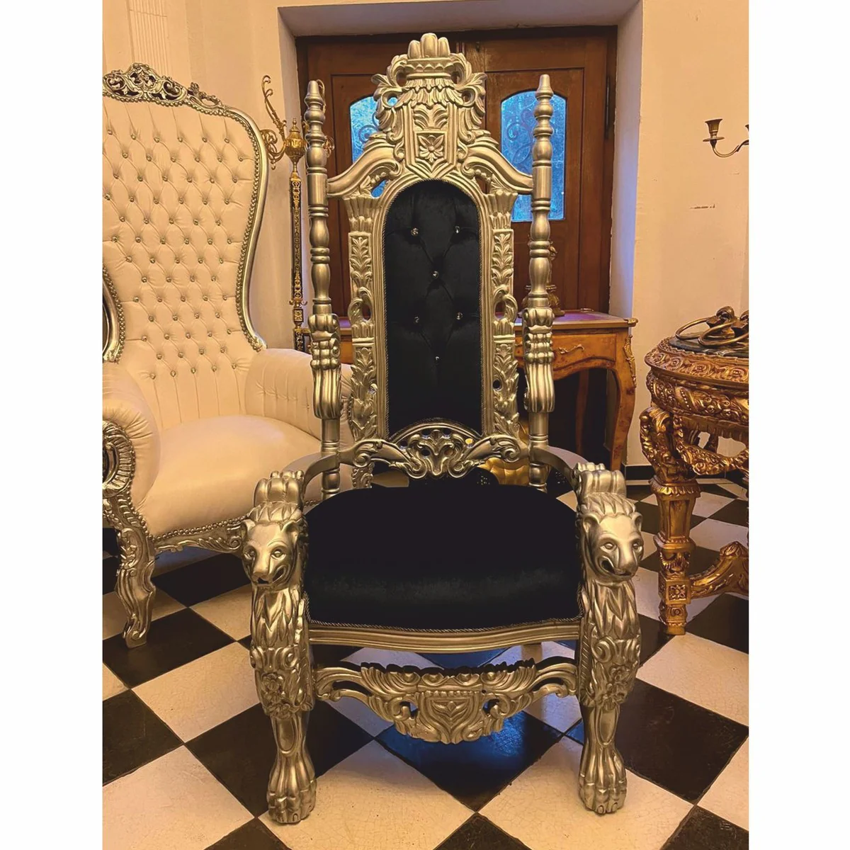 Luxury baroque throne armchair with glittering stones dark blue / silver - baroque furniture