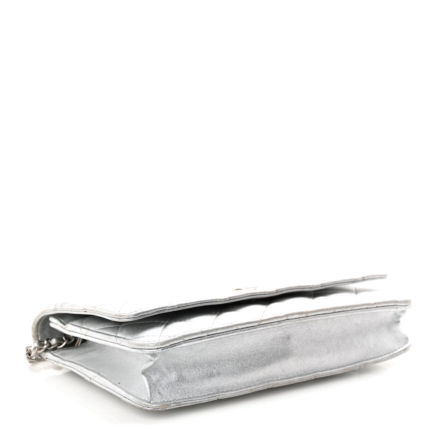 Metallic Lambskin Quilted Wallet On Chain WOC Silver - Top Club