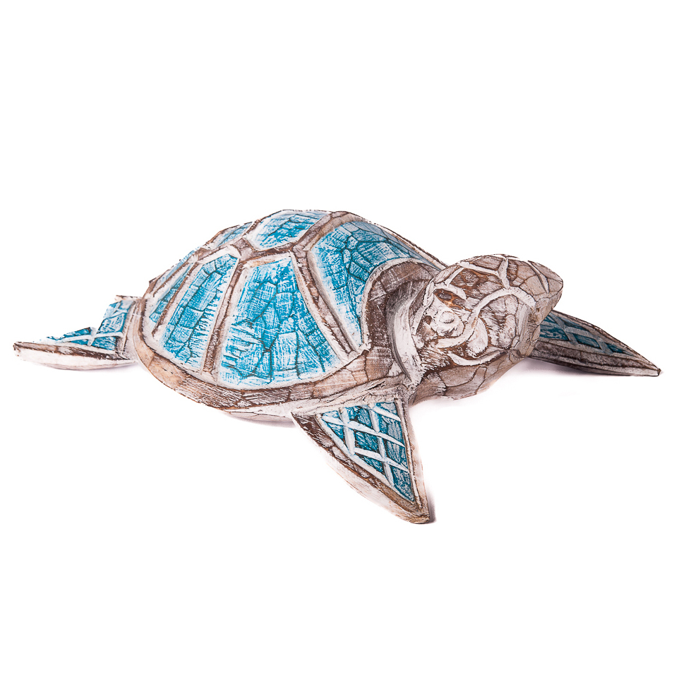 Decoratie object houten schildpad met turquoise schild