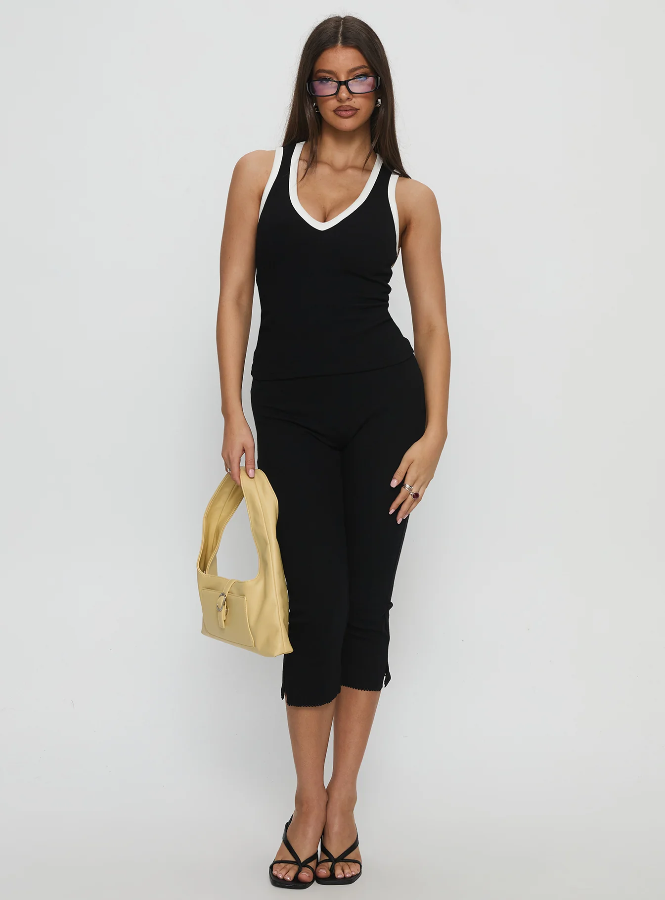 Baseline V Neck Rib Tank Top Black / White