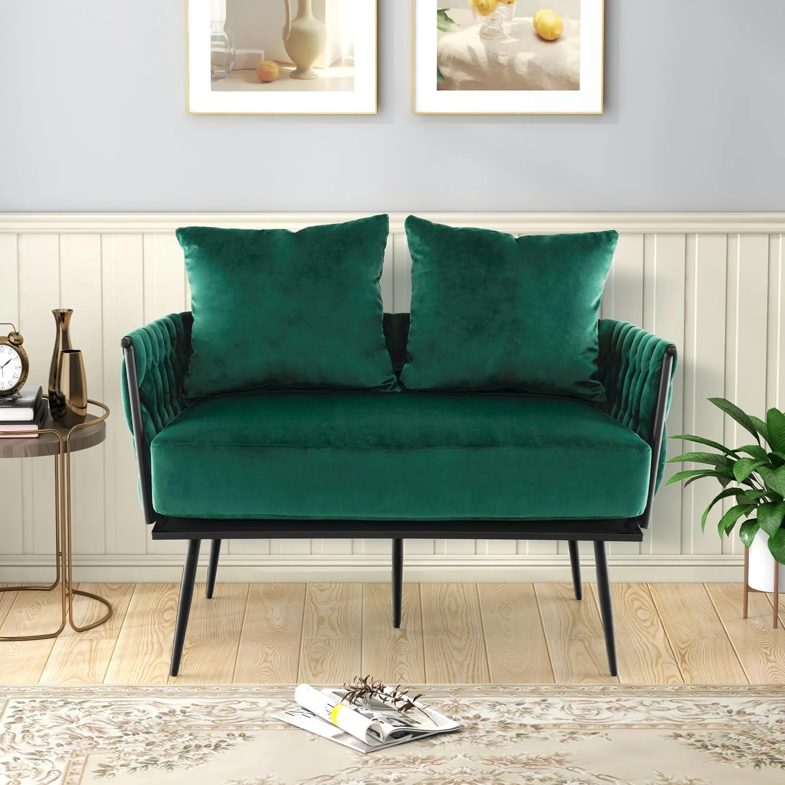 BEFOUNDLOVELY 43” Loveseat Sofa, Modern Upholstered 2-Seat Sofa with 2 Back Pillows, Woven Backrest & Armrest