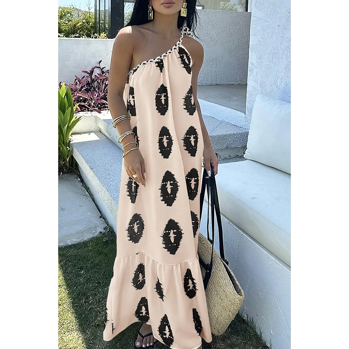 PrettyGarden Women's One Shoulder Spaghetti Strap Printed A Line Flowy Boho Maxi Long Sundress