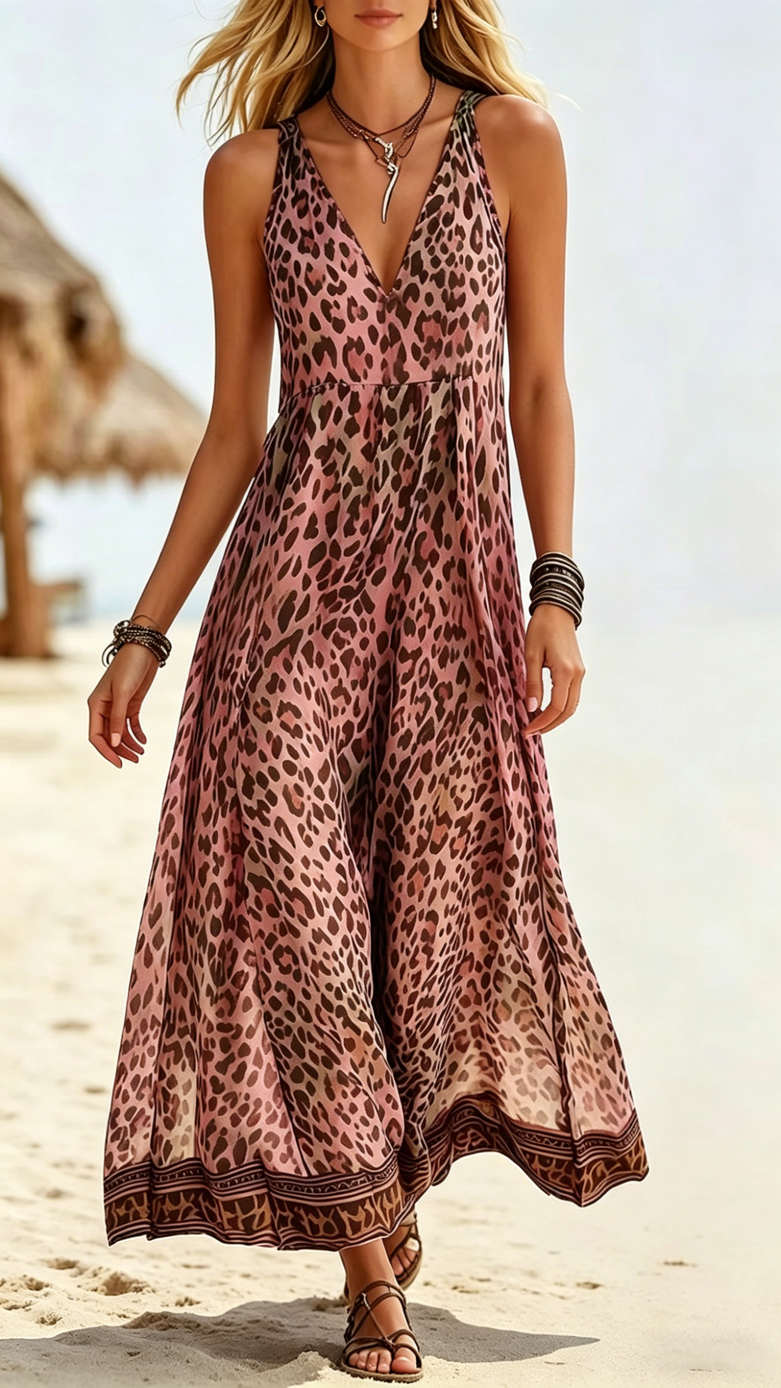 Women's Leopard Print Casual Sleeveless V-Neck Dress - Nordfashionstorm - Women's Clothing, Fashion for You - Nordfashionstorm.com