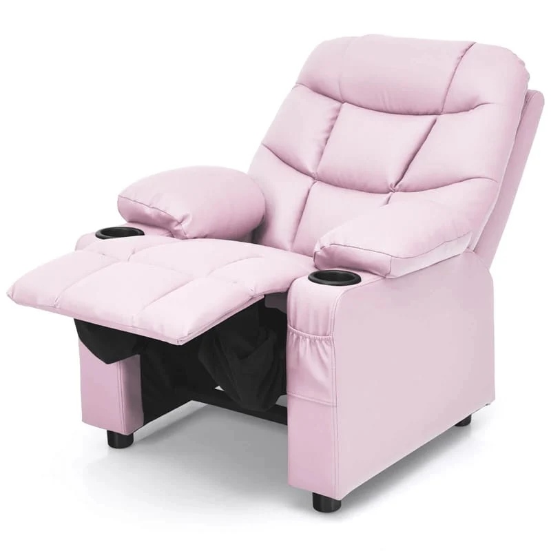 Kids Recliner Chair PU Leather Adjustable Lounge Sofa with Cup Holder, 3 Pockets & Retractable Footrest, Ergonomic Toddler Furniture Sofa