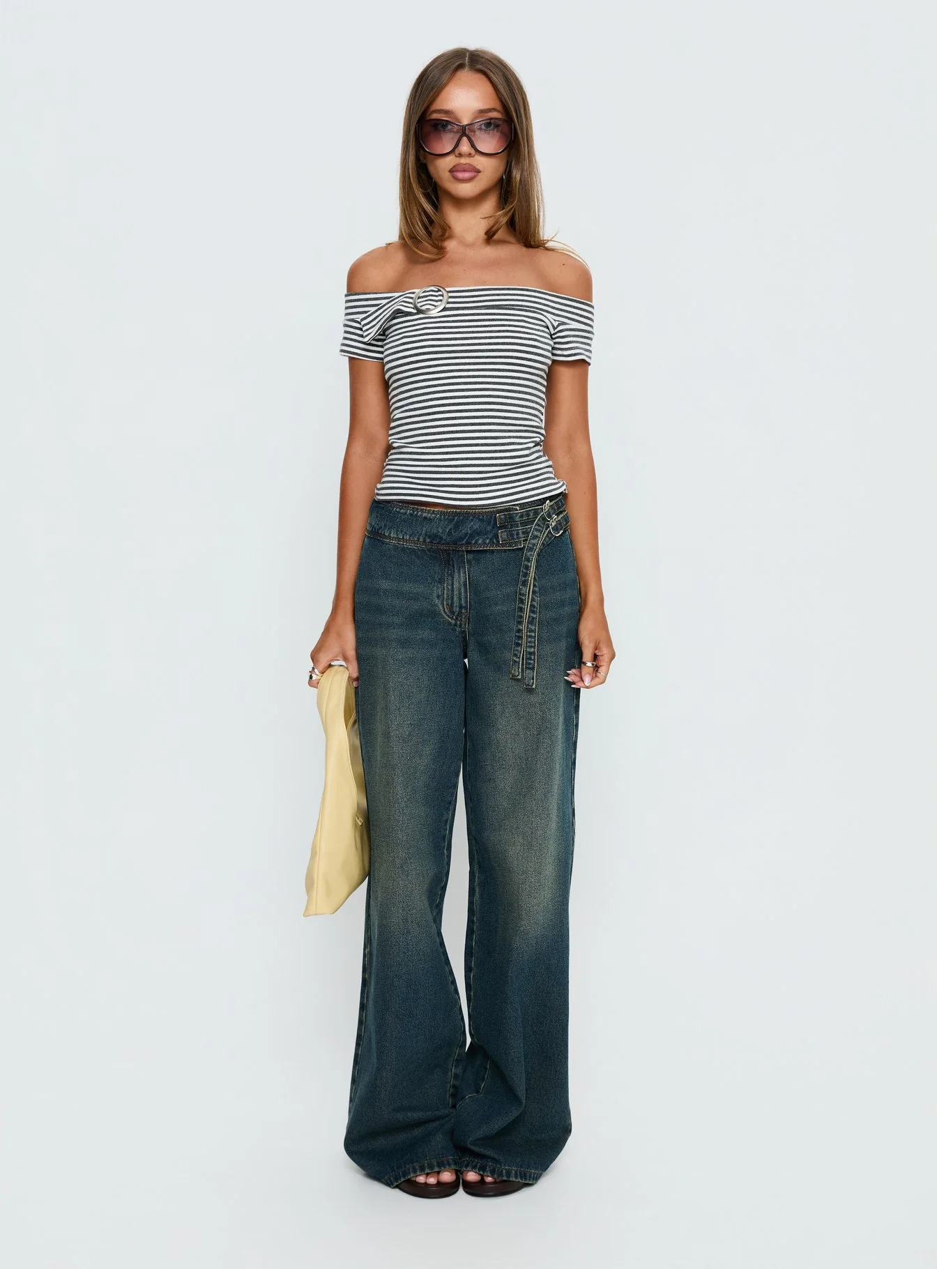 Kiela Off Shoulder Hardware Detail Top Grey / White Stripe