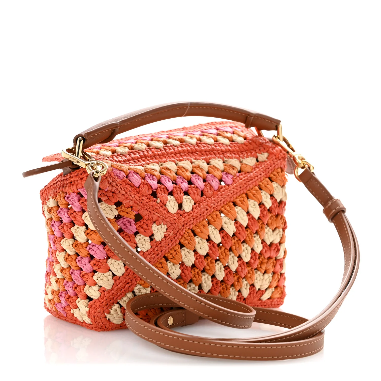 Raffia Crochet Paula's Ibiza Mini Puzzle Edge Bag Bright Orange Pink - Top Club