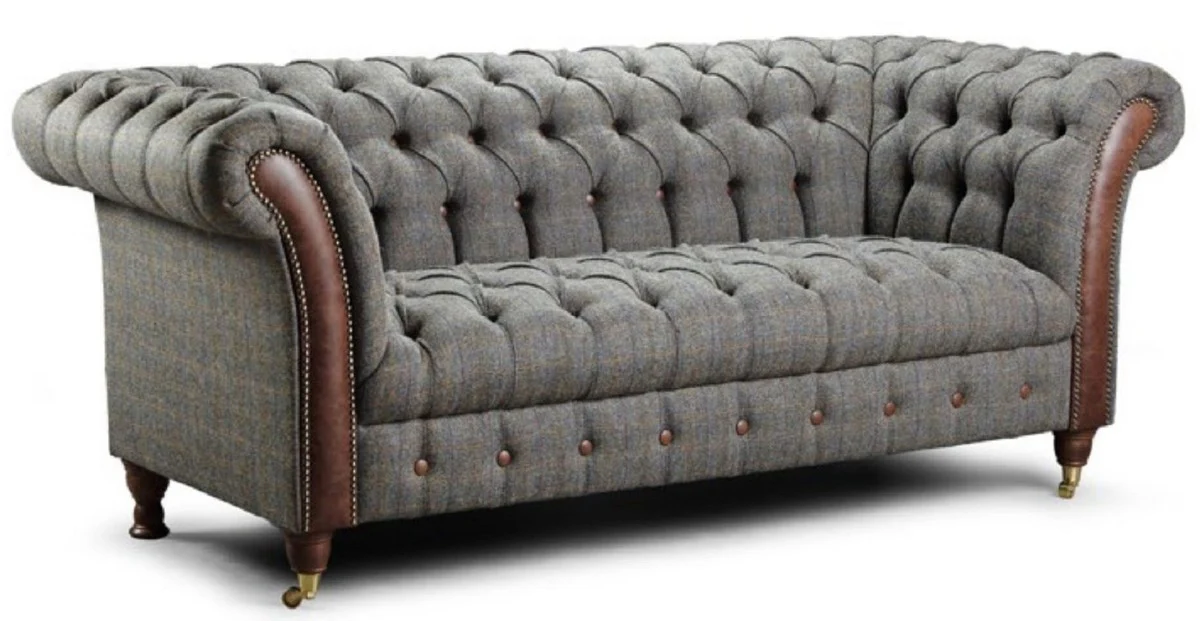 Luxury Chesterfield 2-seater sofa gray / dark brown 200 x 95 x H. 85 cm - Living room sofa with real leather - Chesterfield living room furniture