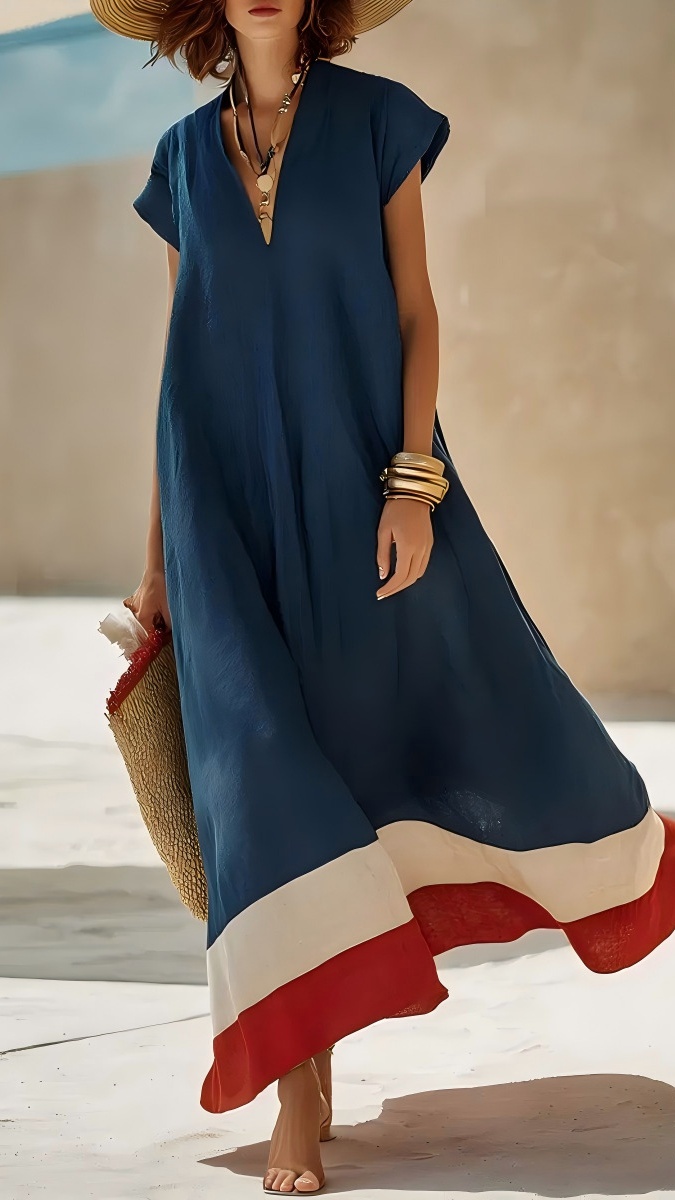 Women's Loose-Fit V-Neck Color-Block Vacation Maxi Dress - Nordfashionstorm - Women's Clothing, Fashion for You - Nordfashionstorm.com
