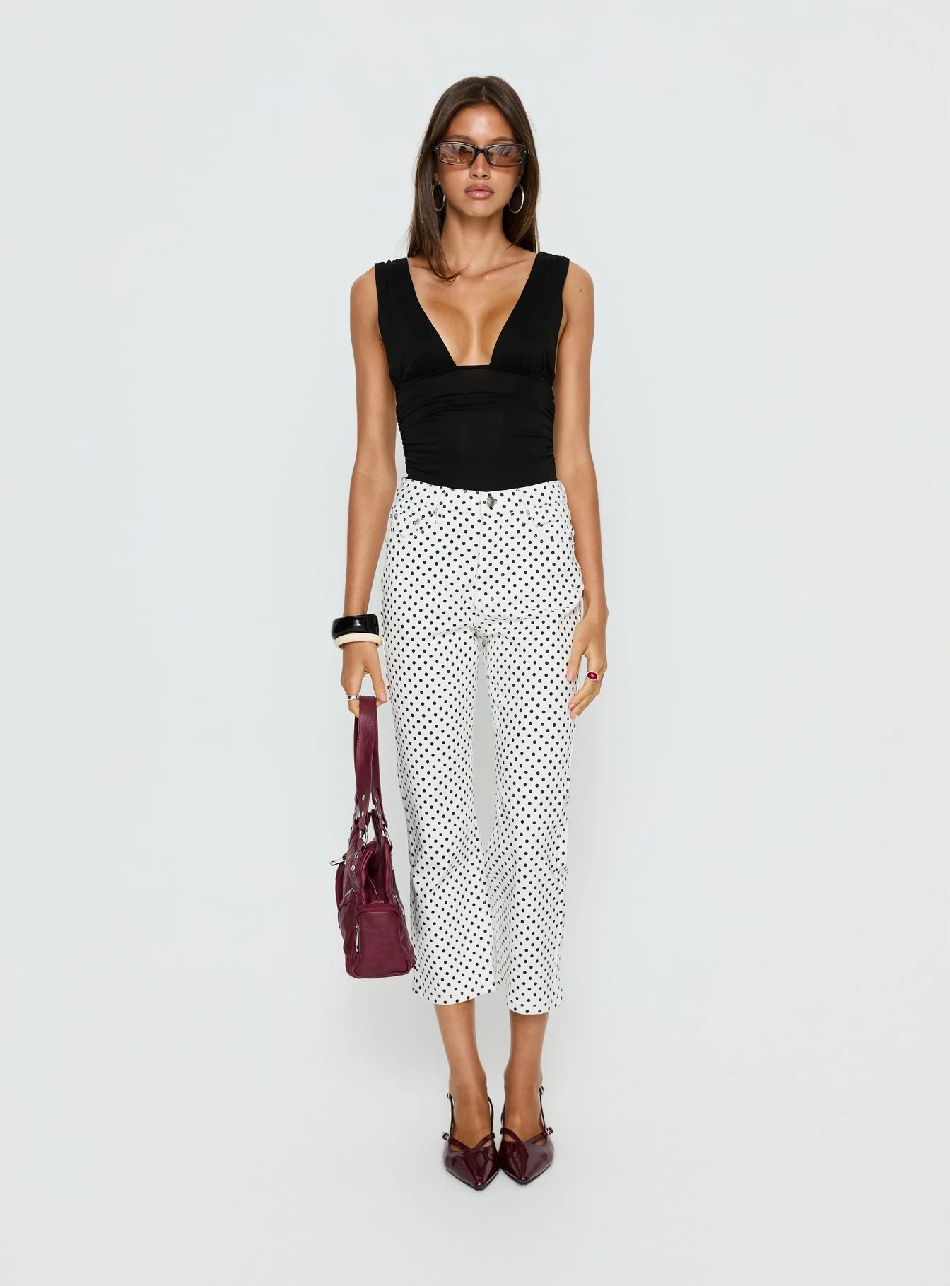 Cindee High Rise Cropped Jeans White Polka Dot