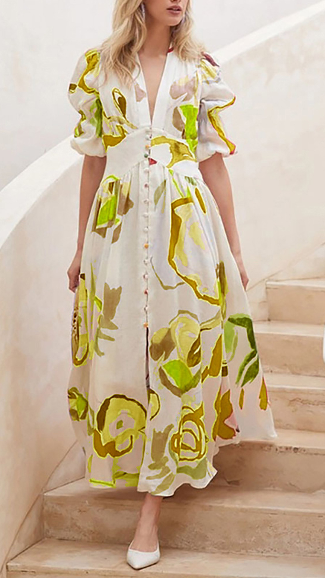 Women's Cotton-Blend Off-White Art Print V-Neck Puff Sleeve Dress - Nordfashionstorm - Women's Clothing, Fashion for You - Nordfashionstorm.com