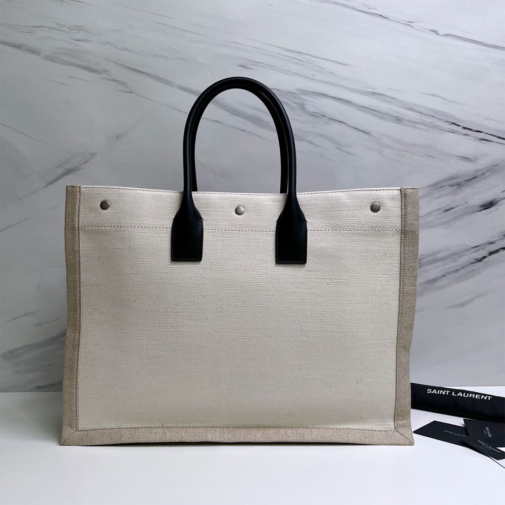 RIVE GAUCHE TOTE BAG IN LINEN AND LEATHER - Top Club