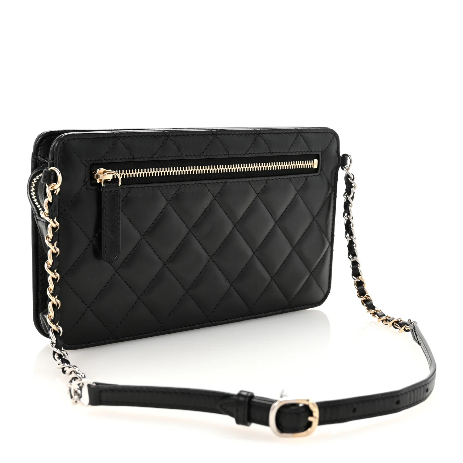Lambskin Quilted Front Pocket Clutch With Chain Black - Top Club