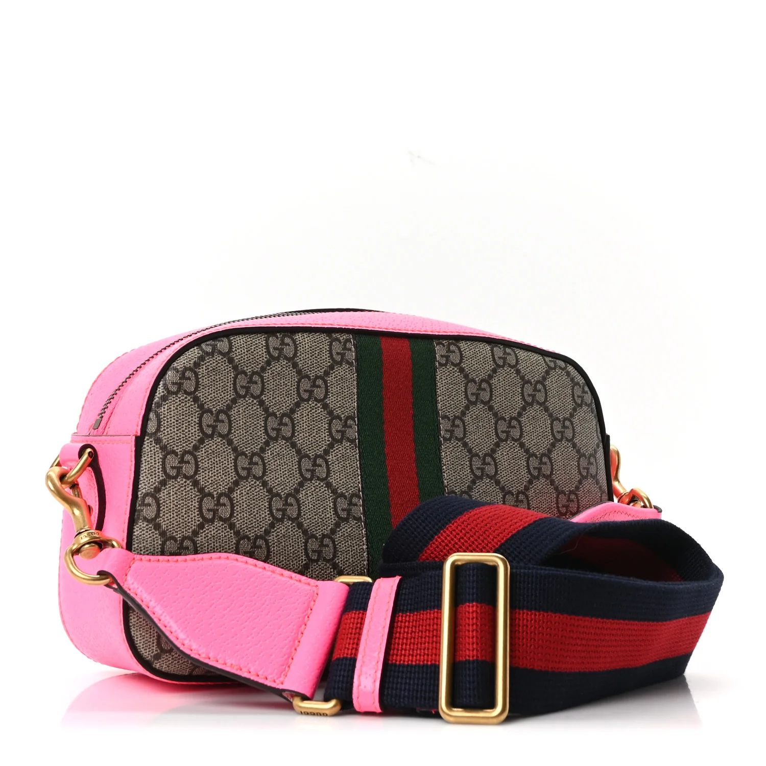 GG Supreme Monogram Textured Dollar Calfskin Web Ophidia Small Crossbody Bag Beige Ebony Fuchsia - Top Club