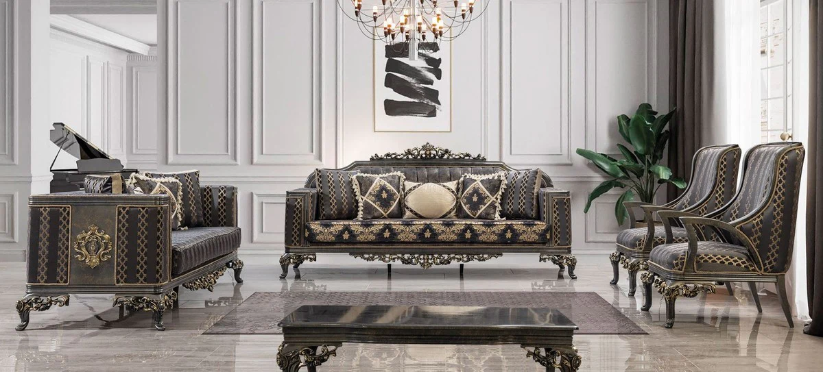 Luxury Baroque Living Room Set Purple / Gray / Gold - 2 Baroque Sofas & 2 Baroque Armchairs & 1 Baroque Coffee Table - Luxury Living Room Furniture in Baroque Style - Baroque Furniture - Noble & Magnificent