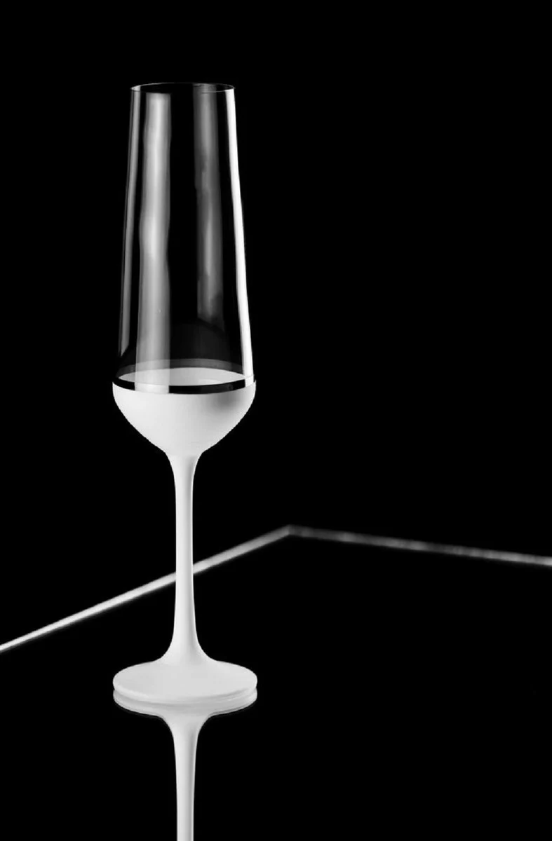 Luxury champagne glasses set of 6 white / silver Ø 6.5 x H. 26.5 cm - handmade and hand-painted champagne glasses - hotel & restaurant accessories - luxury quality