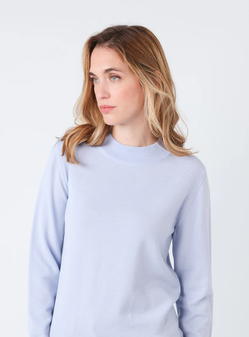 Pull femme col cheminée en laine mérinos Bleu Ciel Léger
