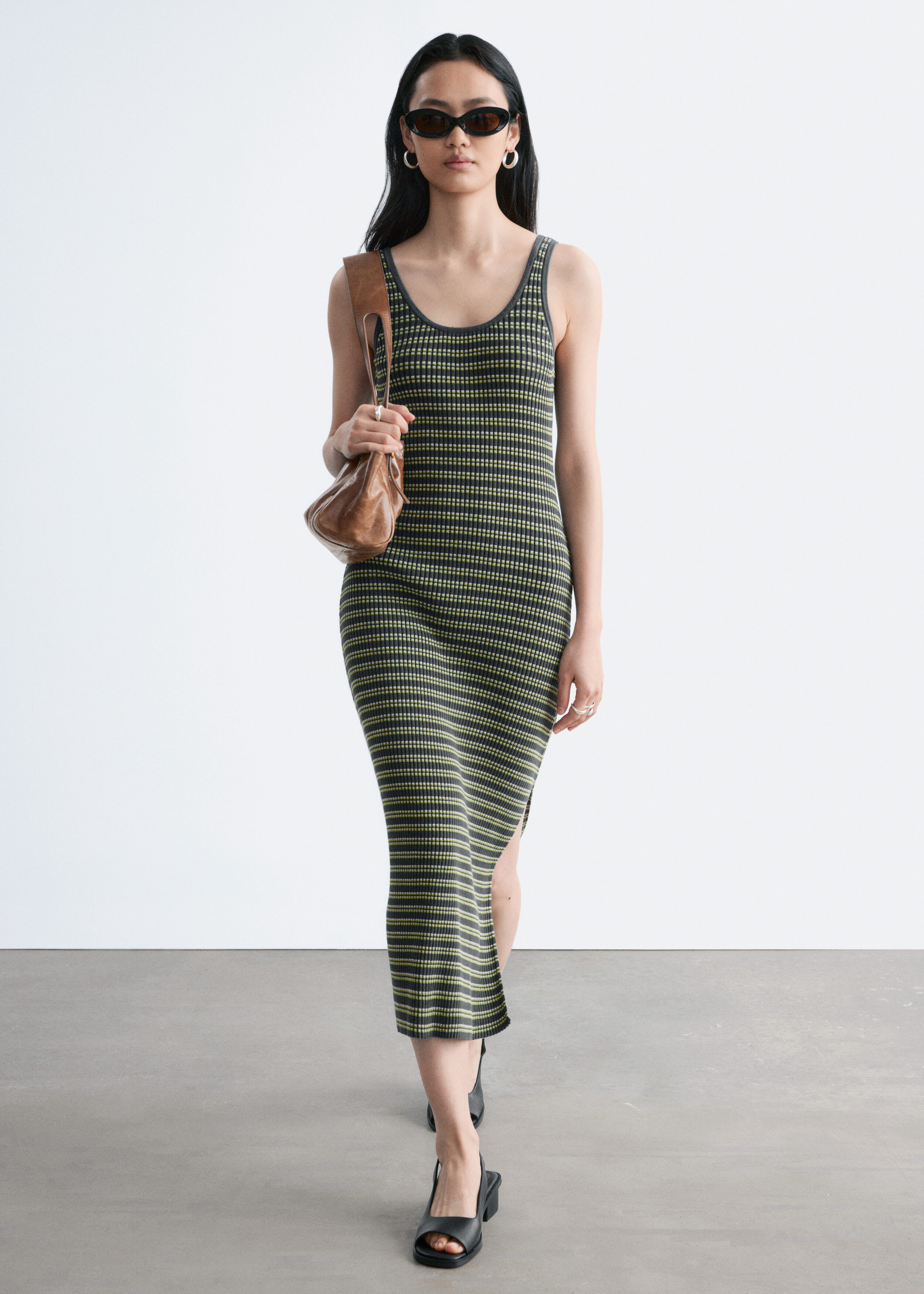 & Other Stories STRIPED RIB-KNIT MIDI DRESS