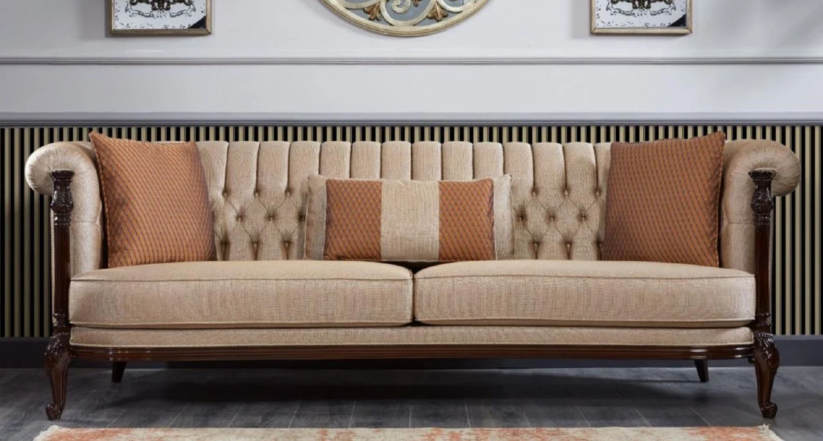 Luxury Baroque Chesterfield Sofa Beige / Dark Brown - Magnificent Living Room Sofa - Baroque Style Living Room Furniture - Luxury Furniture in Baroque Style - Baroque Furnishings - Noble & Magnificent