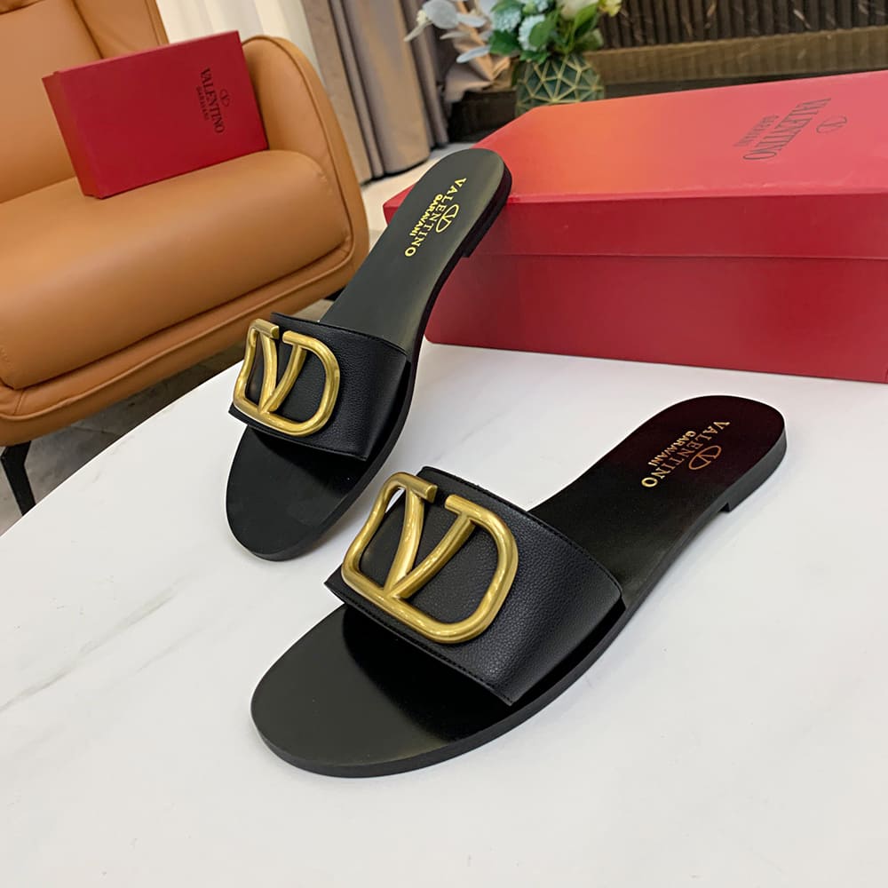 VALENTINO VLOGO SIGNATURE grained cowhide decorative elements slipper sandals (heel height 0.5 cm) - Top Club