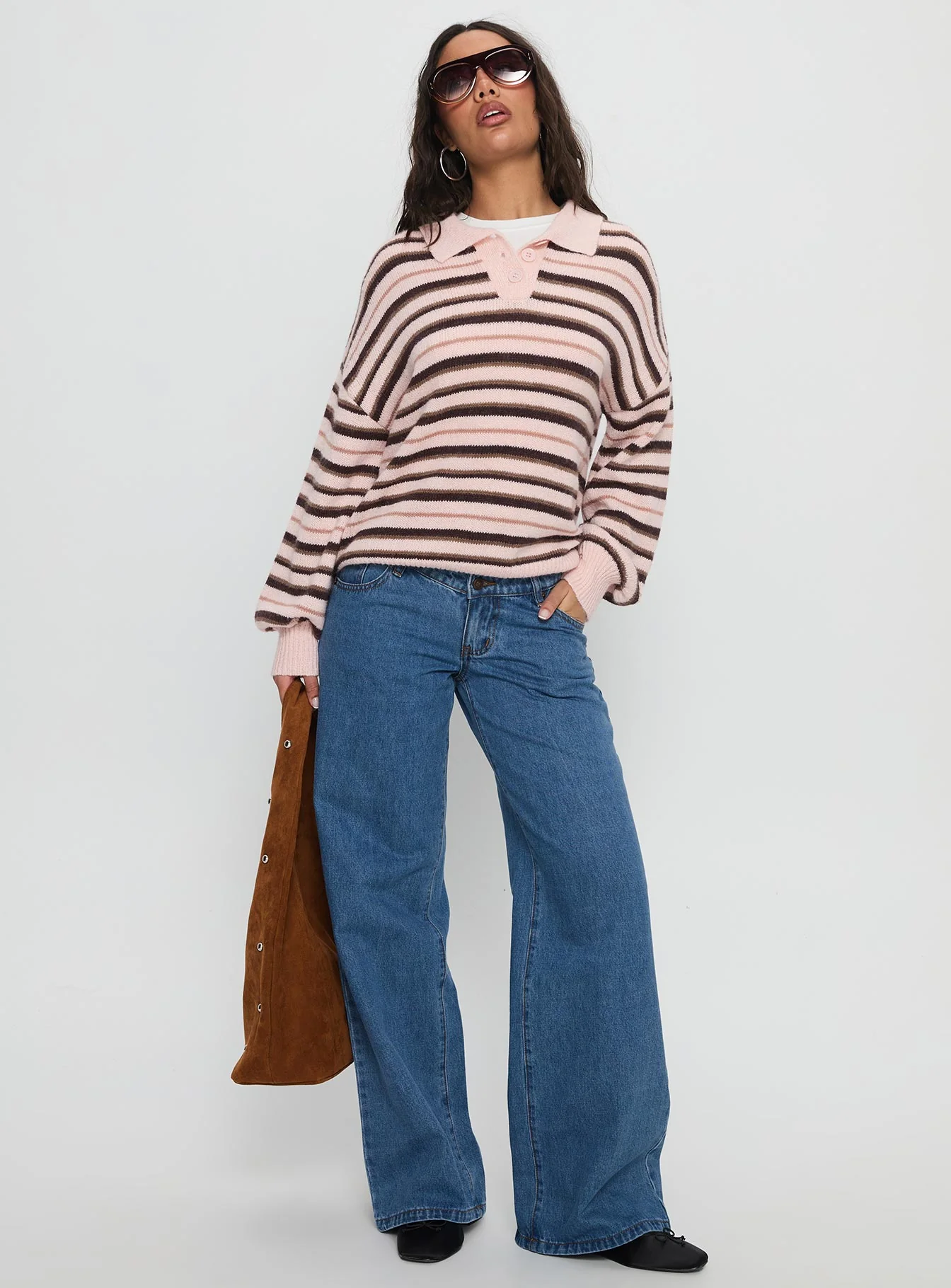 Jeanny Collared Knit Sweater Brown / Pink Stripe