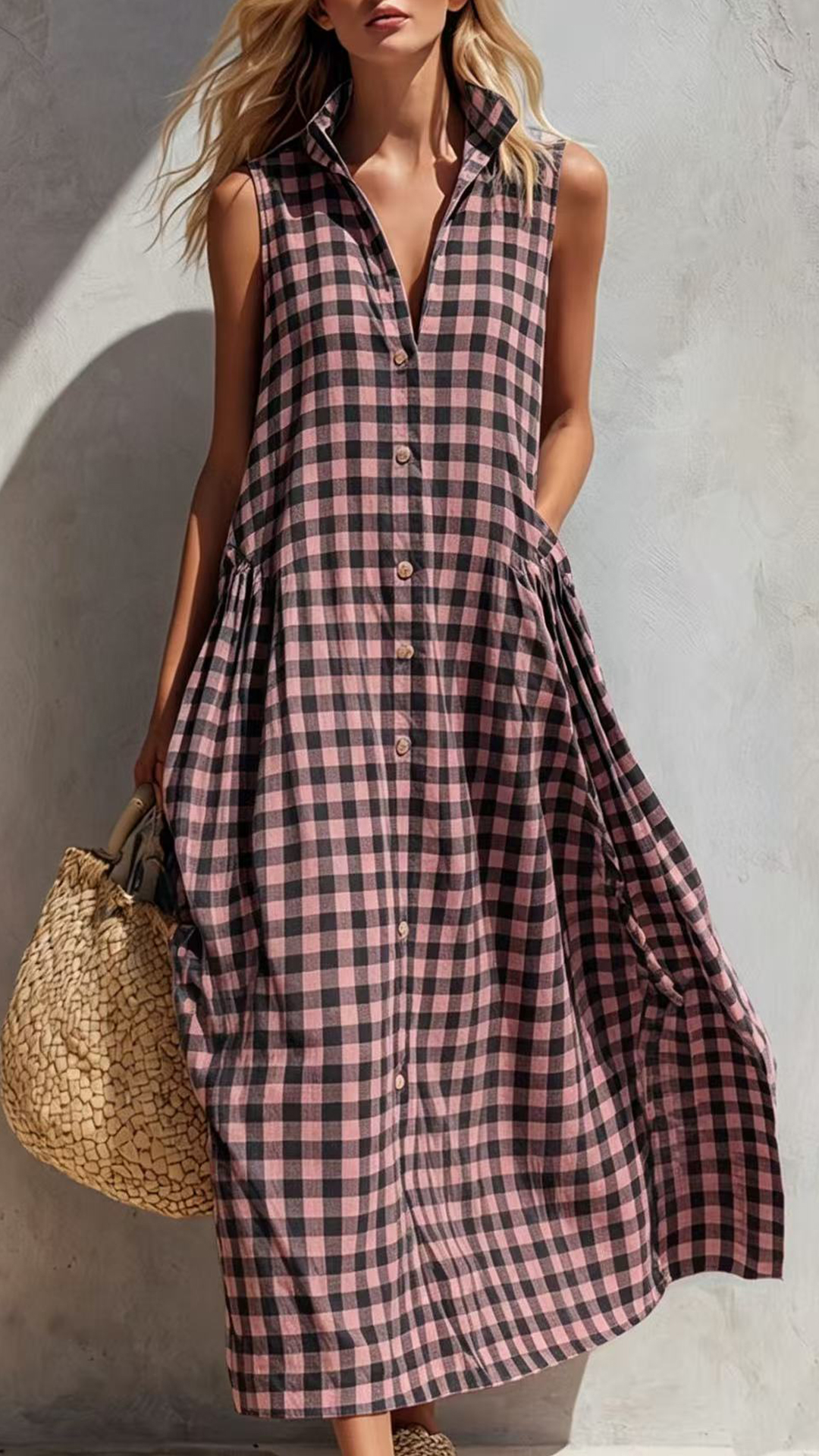 Women's Cotton-Blend Blue and White Gingham Sleeveless Shirt Maxi Dress - Nordfashionstorm - Women's Clothing, Fashion for You - Nordfashionstorm.com
