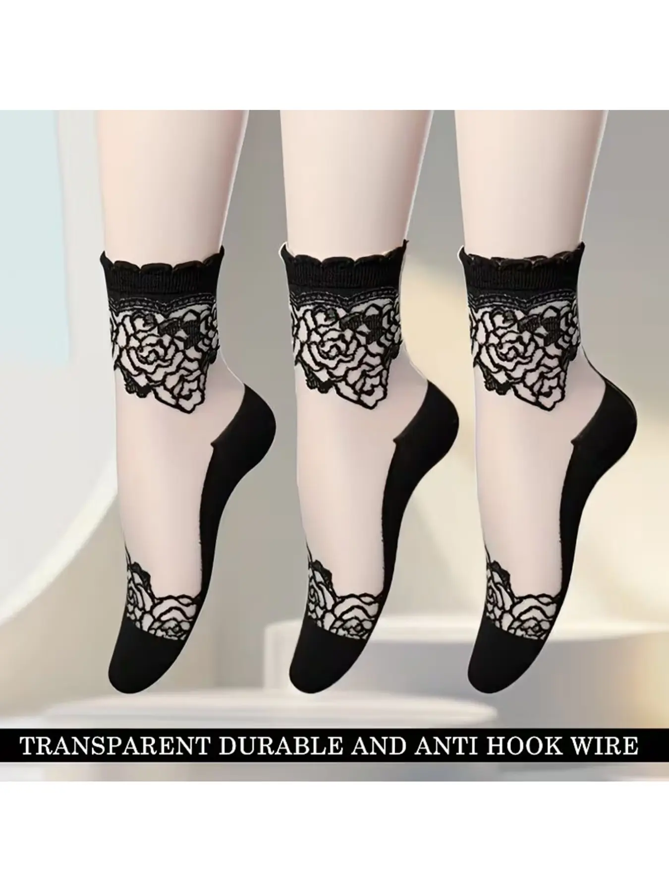 3 Pairs Women’s Sheer Lace Thin Boat Socks, Breathable Anti-Slip Knitted Casual Daily Socks