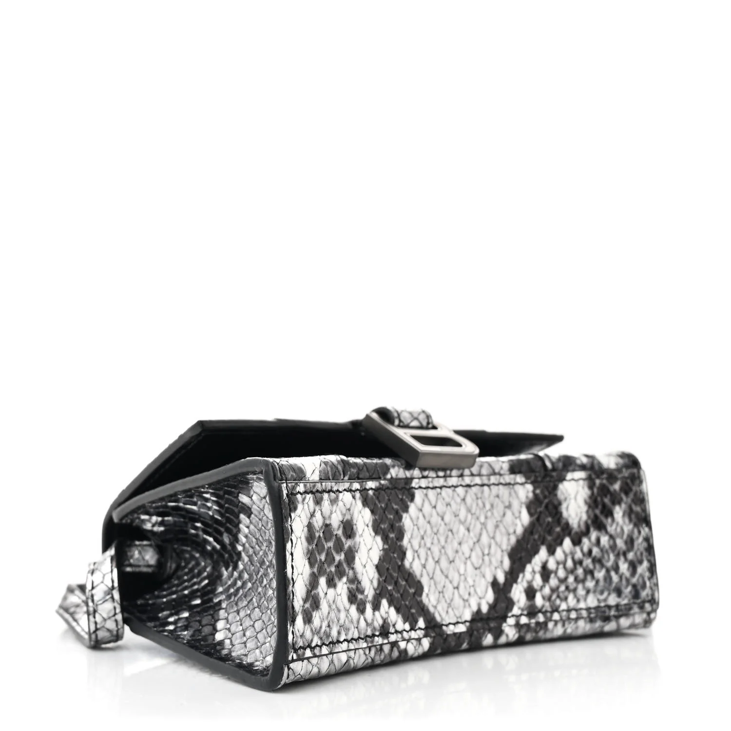 Shiny Calfskin Snakeskin Effect Hourglass Top Handle Bag Mini Silver Black - Top Club