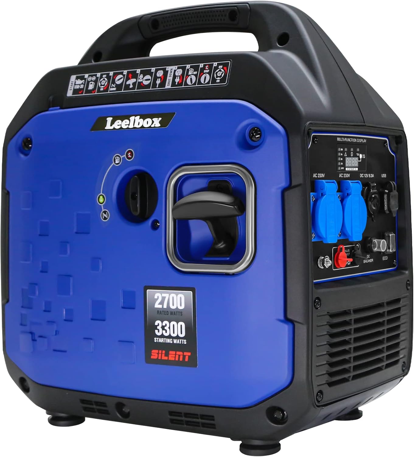Leelbox Generatore di Emergenza di Inverter Portatile da 3300W 4 Tempi a Benzina Silenzioso, Caratteristica Eco-Mode per Giardino, Esterno, Campeggio,Viaggio, Roulotte