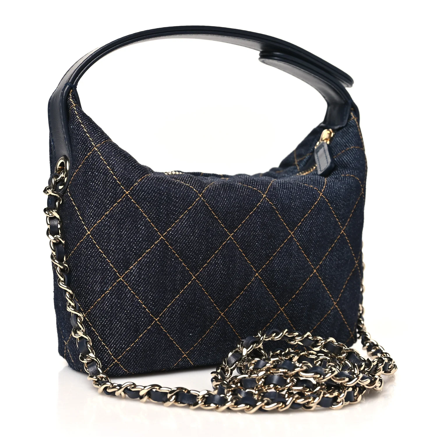 Denim Quilted Hobo Clutch With Chain Dark Blue Orange - Top Club