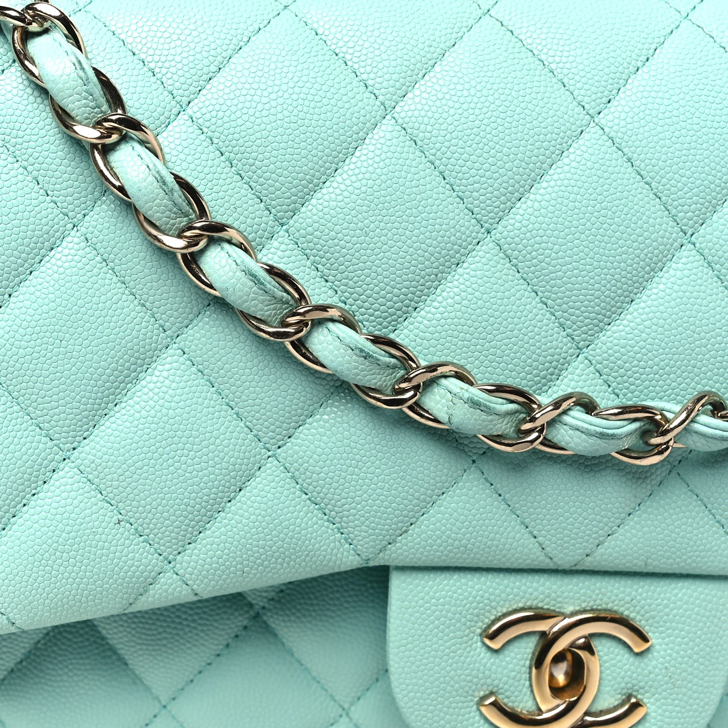 Caviar Quilted Jumbo Double Flap Light Green - Top Club