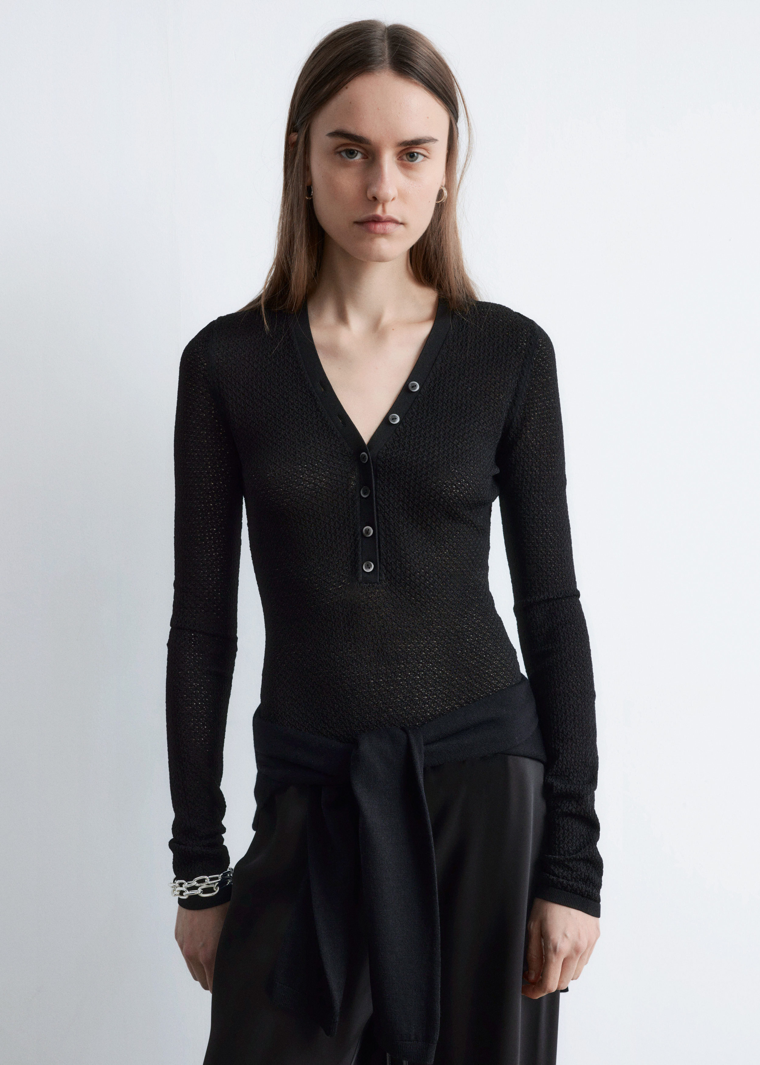 & Other Stories LONG-SLEEVE POINTELLE-KNIT BODYSUIT
