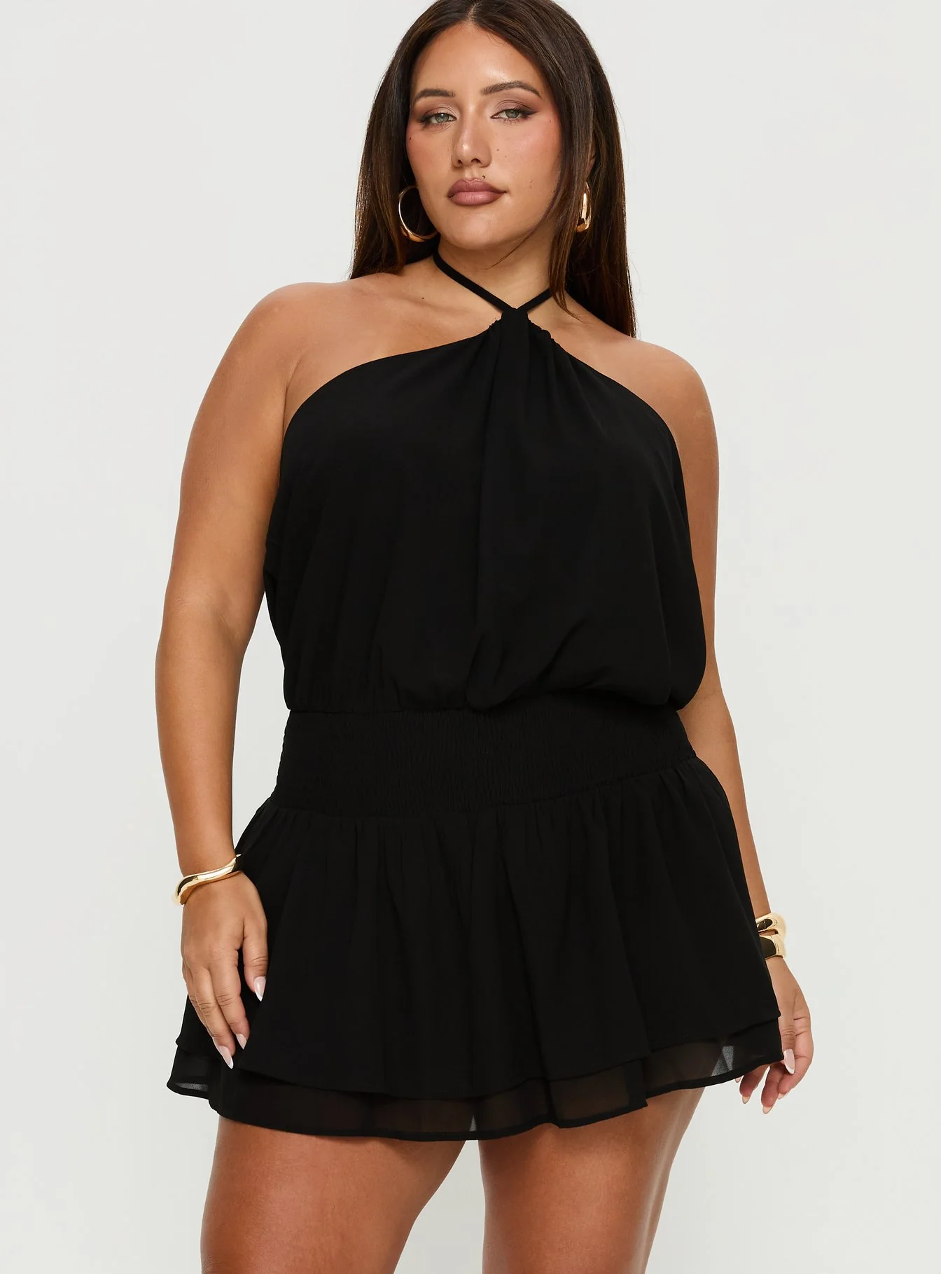 Khamira Halter Shirred Mini Dress Black Curve
