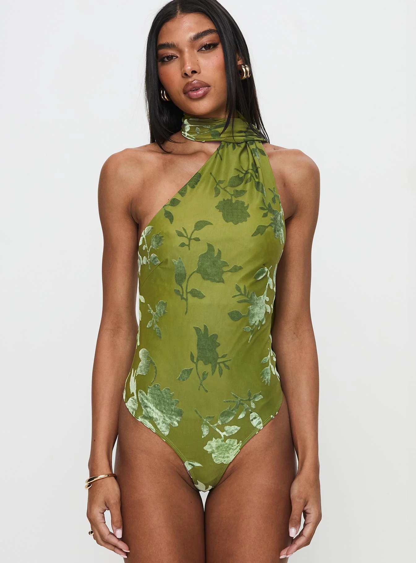 Frostbloom Scarf Neck Bodysuit Green Tall
