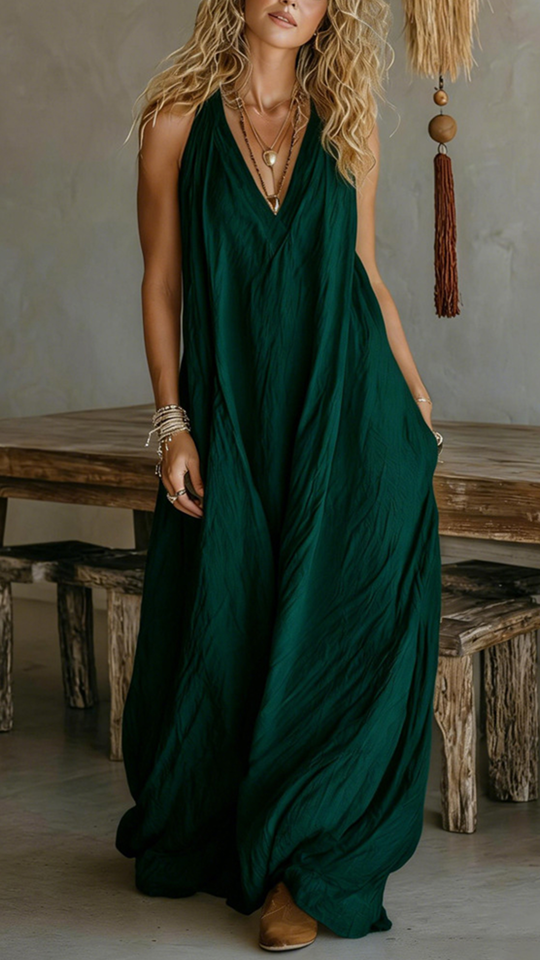 Women's Halter V-Neck Linen-Blend Maxi Dress - Nordfashionstorm - Women's Clothing, Fashion for You - Nordfashionstorm.com