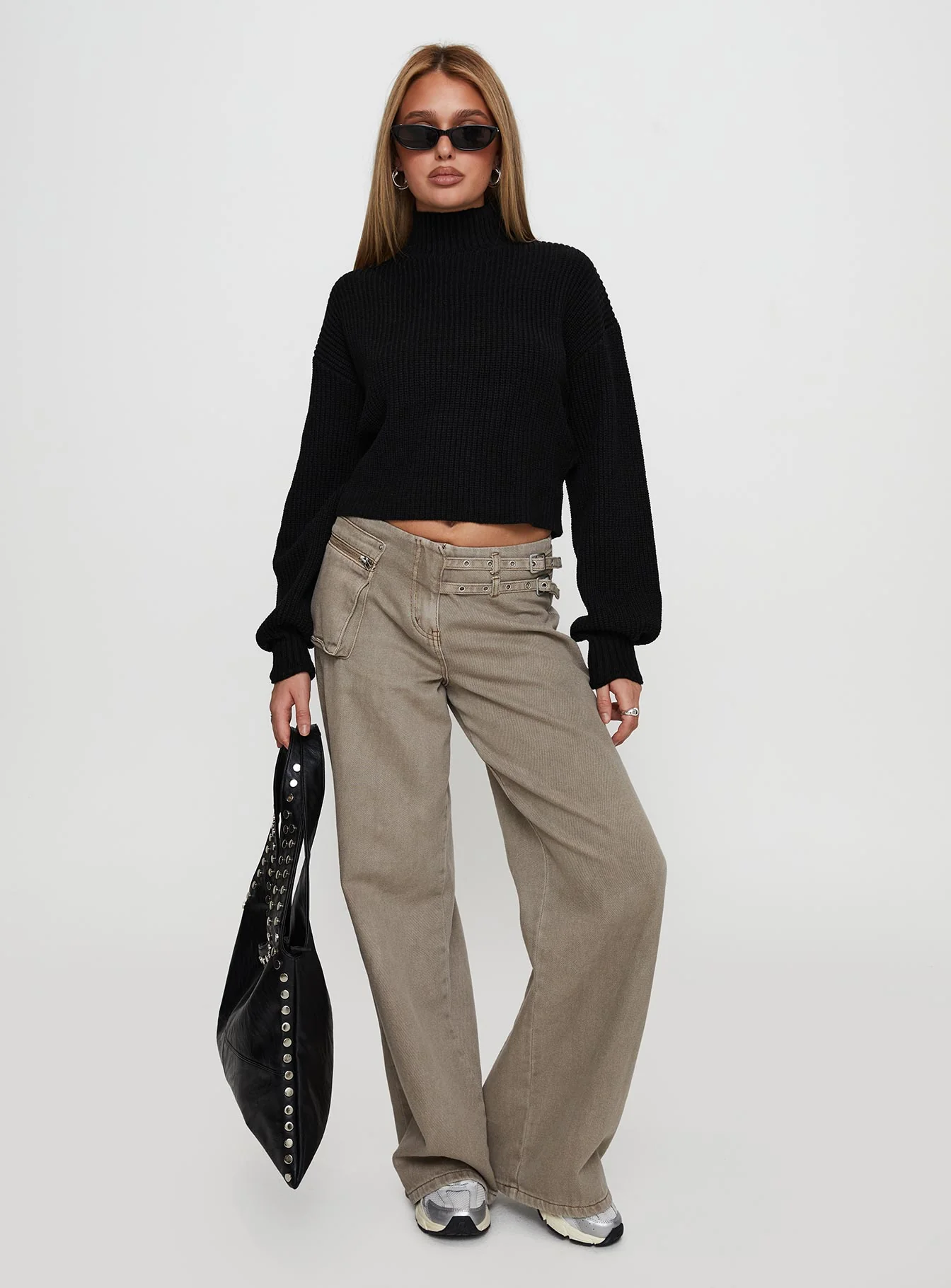 Sayge Mock Neck Knit Sweater Black