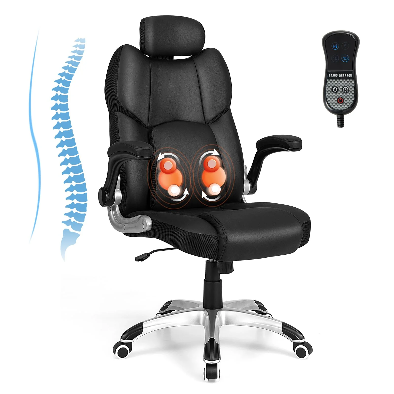 BEFOUNDLOVELY Executive Faux Leather Office Chair, Kneading Massage Computer Chair with Removable Lumbar Support Pillow, Adjustable Headrest