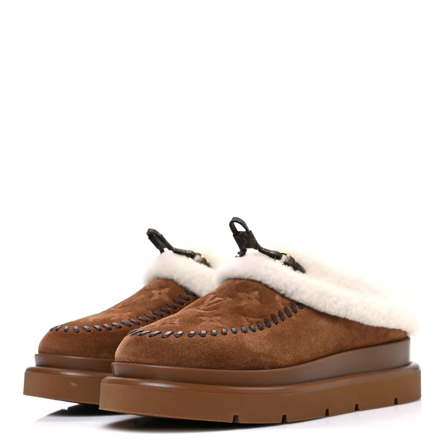 Suede Calfskin Shearling Monogram Debossed Cortina Closed Mule 38 Light Beige - Top Club