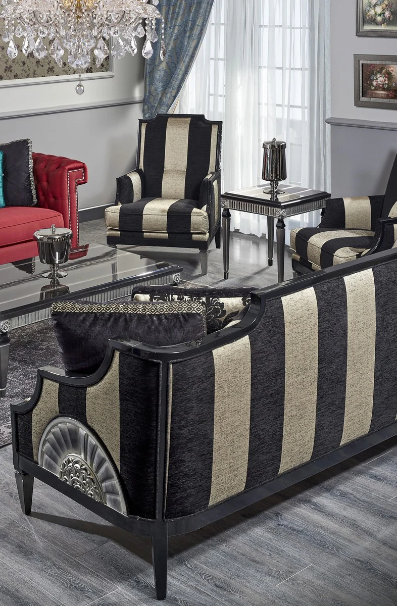 Luxury Baroque Living Room Set Red / Black / Gold / Silver - 2 Sofas & 2 Armchairs & 1 Coffee Table & 1 Side Table - Baroque Living Room Furniture